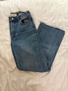 Denim Forum Straight Leg Jeans in Medium Blue with Raw Hem